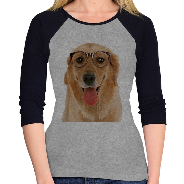 Baby Look Raglan Golden Retriever de Óculos Manga 3/4 - Cinza/Preto