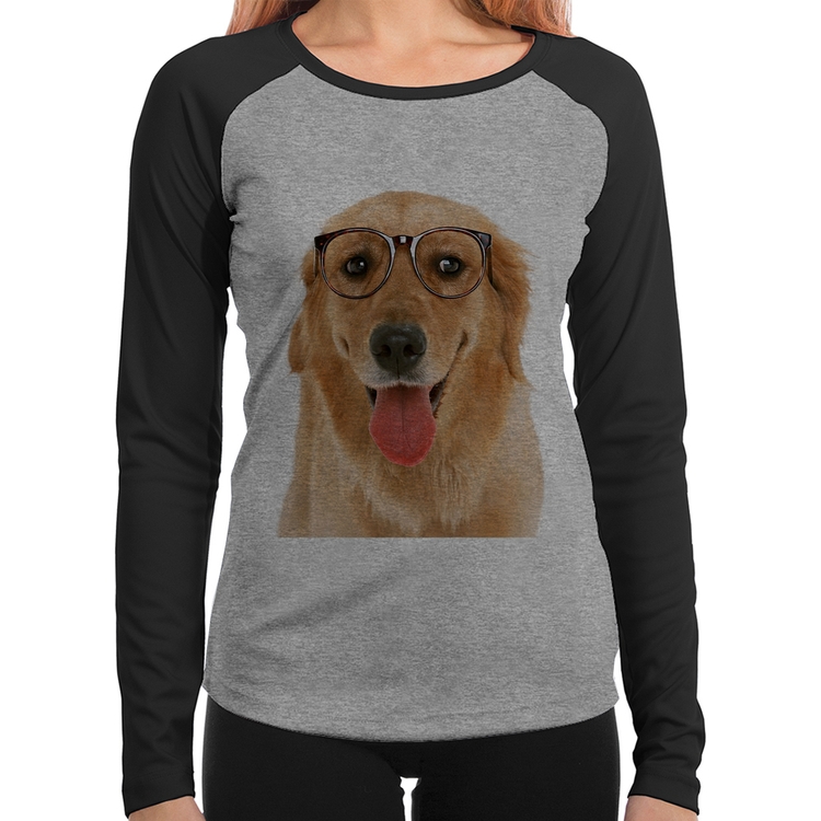 Baby Look Raglan Golden Retriever de Óculos Manga Longa - Cinza/Preto