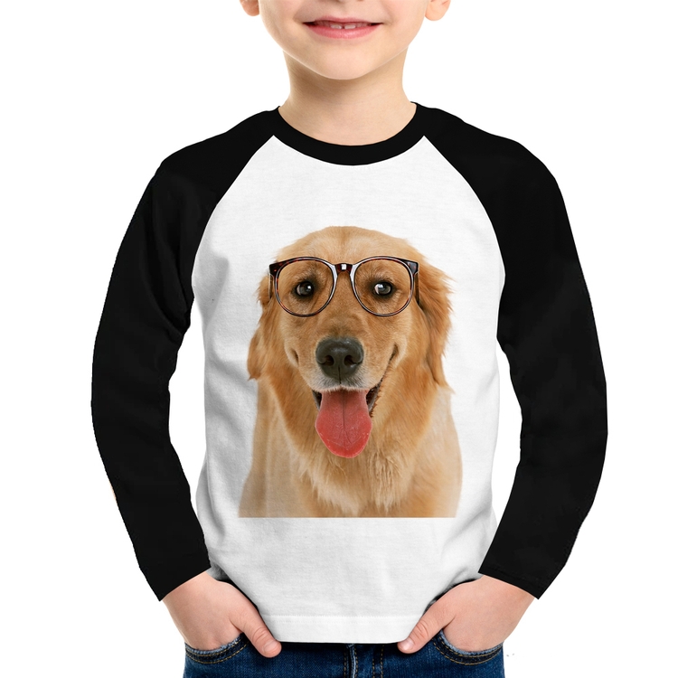Camiseta Raglan Infantil Golden Retriever de Óculos Manga Longa
