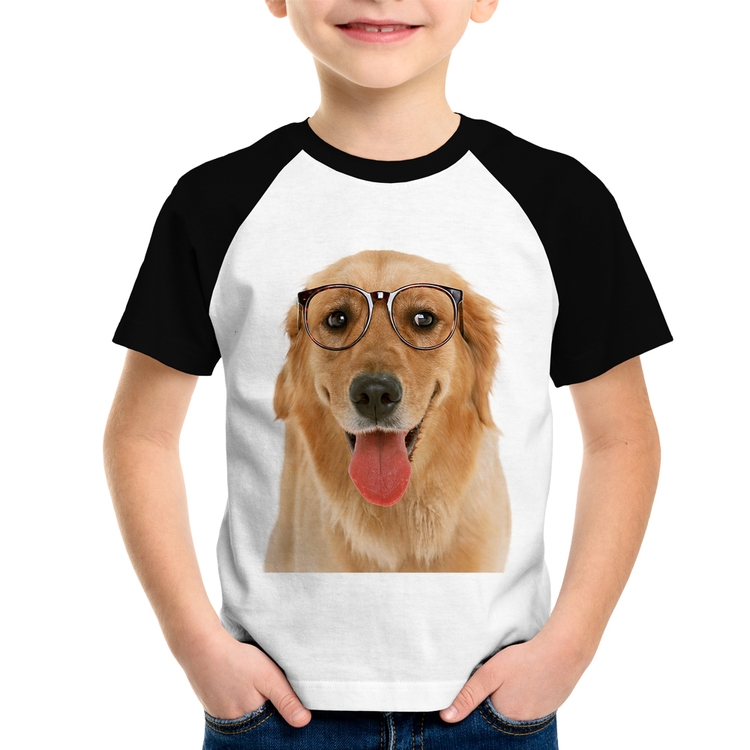 Camiseta Raglan Infantil Golden Retriever de Óculos
