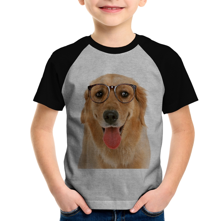 Camiseta Raglan Infantil Golden Retriever de Óculos - Cinza/Preto