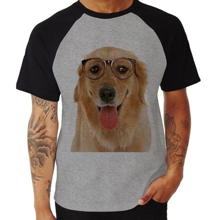 Camiseta Raglan Golden Retriever de Óculos - Cinza/Preto