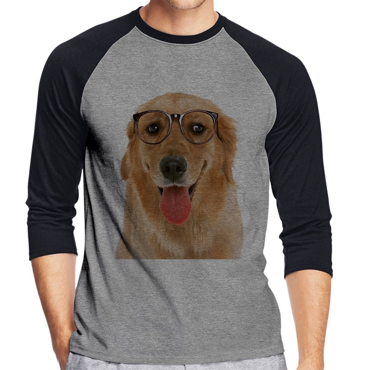 Camiseta Raglan Golden Retriever de Óculos Manga 3/4 - Cinza/Preto