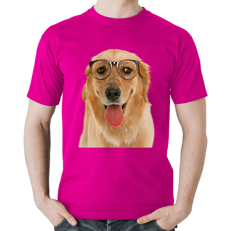 Camiseta Algodão Golden Retriever de Óculos - Rosa