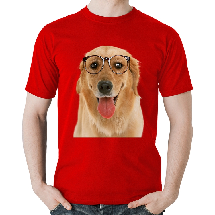 Camiseta Algodão Golden Retriever de Óculos - Vermelha