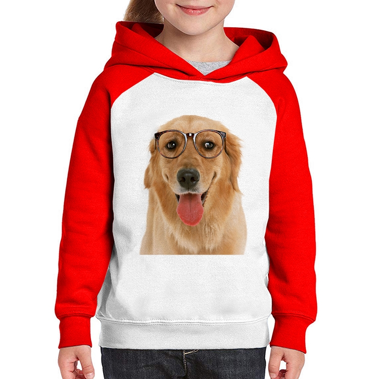 Moletom Infantil Golden Retriever de Óculos - Branco/Vermelho
