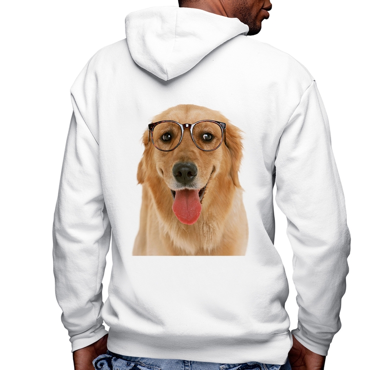 Blusa Moletom Golden Retriever de Óculos Masculina com Capuz e Zíper - Branca