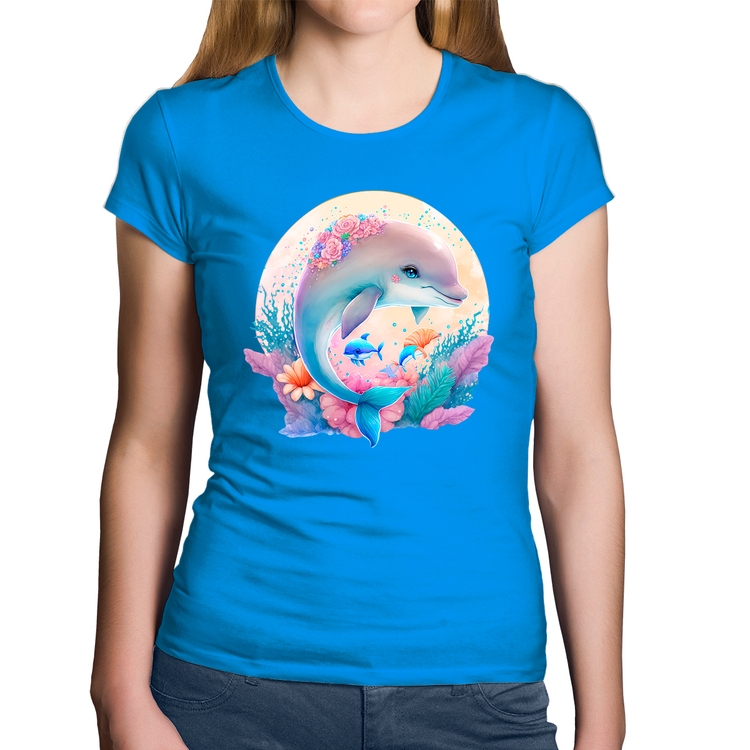 Baby Look Algodão Golfinho Fofo - Azul