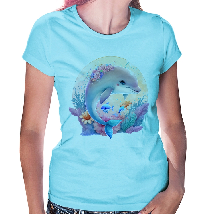 Baby Look Golfinho Fofo - Azul Bebê