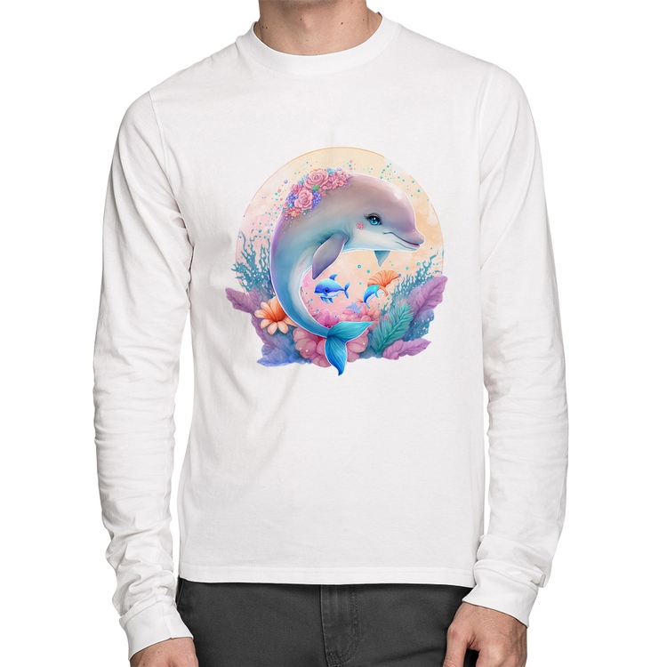 Camiseta Algodão Golfinho Fofo Manga Longa - Branca