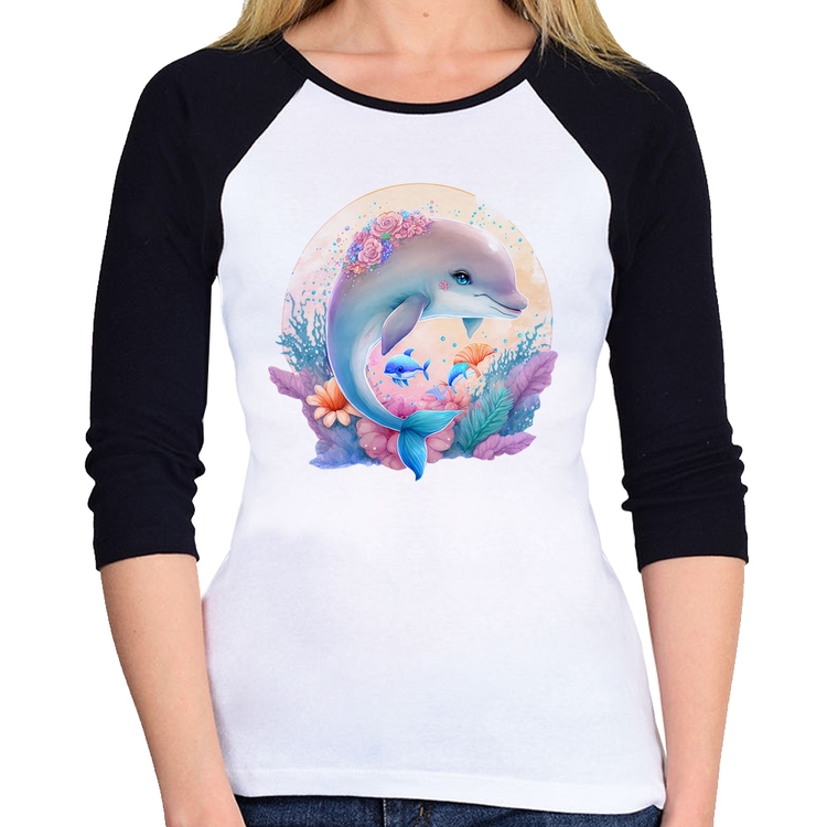 Baby Look Raglan Golfinho Fofo Manga 3/4