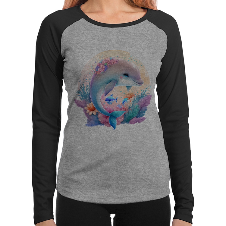 Baby Look Raglan Golfinho Fofo Manga Longa - Cinza/Preto