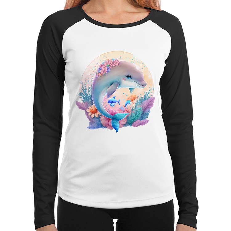 Baby Look Raglan Golfinho Fofo Manga Longa