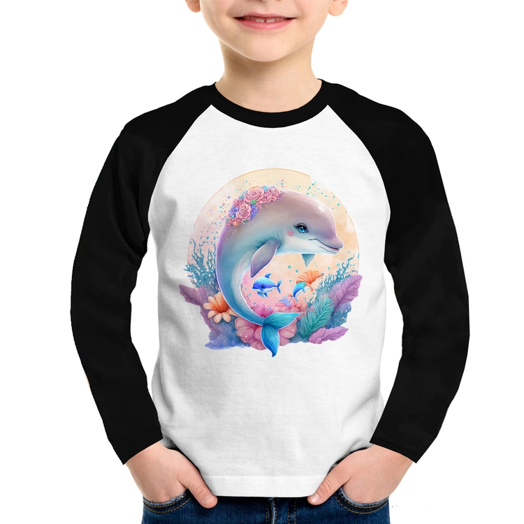 Camiseta Raglan Infantil Golfinho Fofo Manga Longa