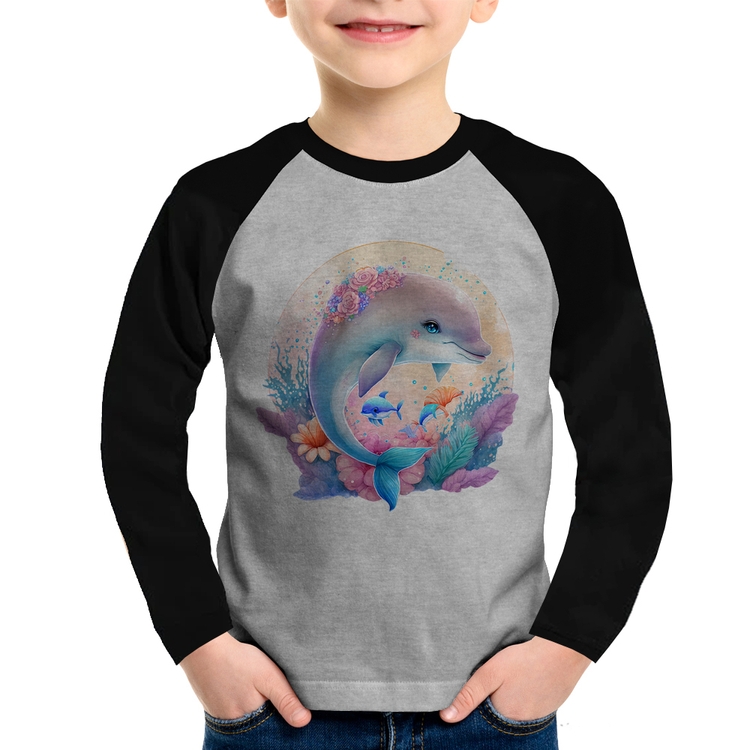 Camiseta Raglan Infantil Golfinho Fofo Manga Longa - Cinza/Preto