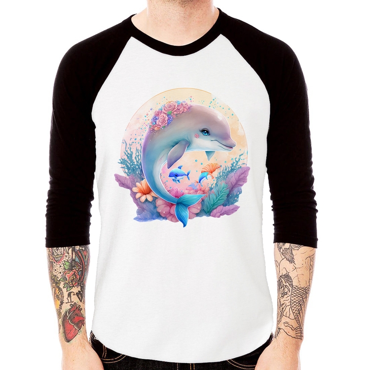 Camiseta Raglan Golfinho Fofo Manga 3/4