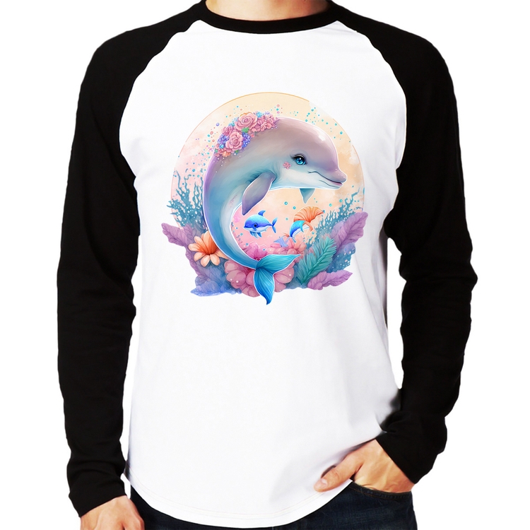 Camiseta Raglan Golfinho Fofo Manga Longa