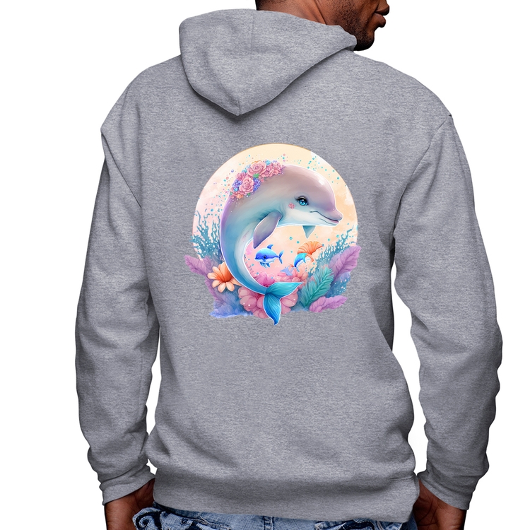 Blusa Moletom Golfinho Fofo Masculina com Capuz e Zíper - Mescla