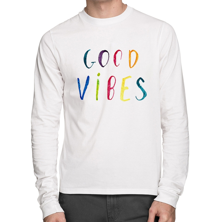 Camiseta Algodão Good Vibes Cores Manga Longa - Branca