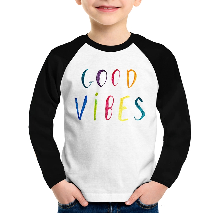 Camiseta Raglan Infantil Good Vibes Cores Manga Longa