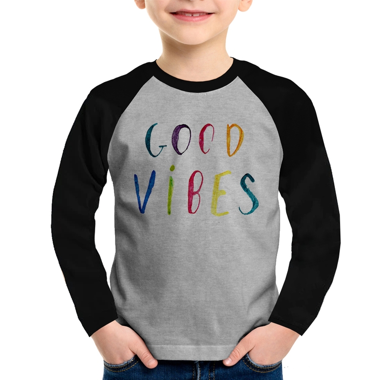 Camiseta Raglan Infantil Good Vibes Cores Manga Longa - Cinza/Preto
