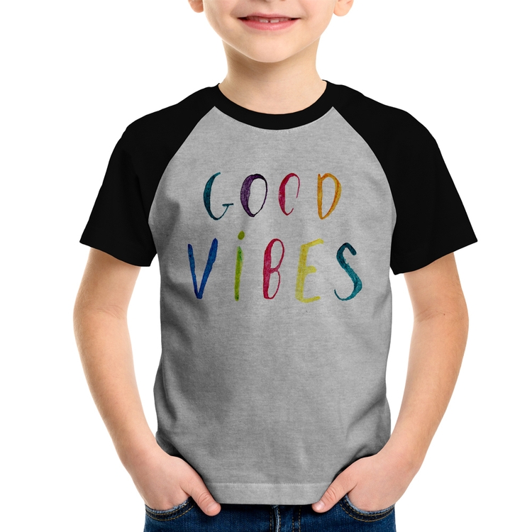 Camiseta Raglan Infantil Good Vibes Cores - Cinza/Preto