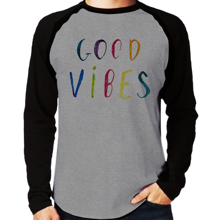 Camiseta Raglan Good Vibes Cores Manga Longa - Cinza/Preto