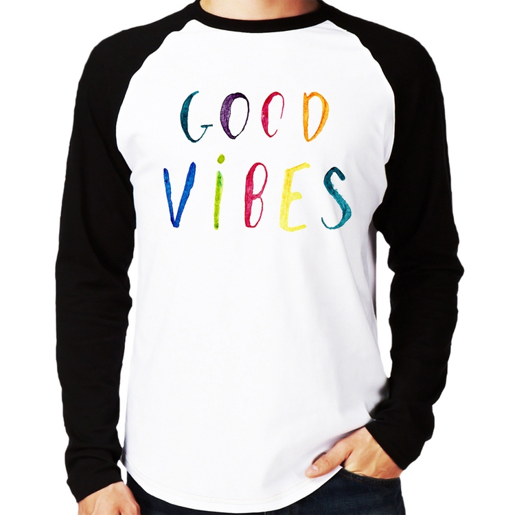 Camiseta Raglan Good Vibes Cores Manga Longa
