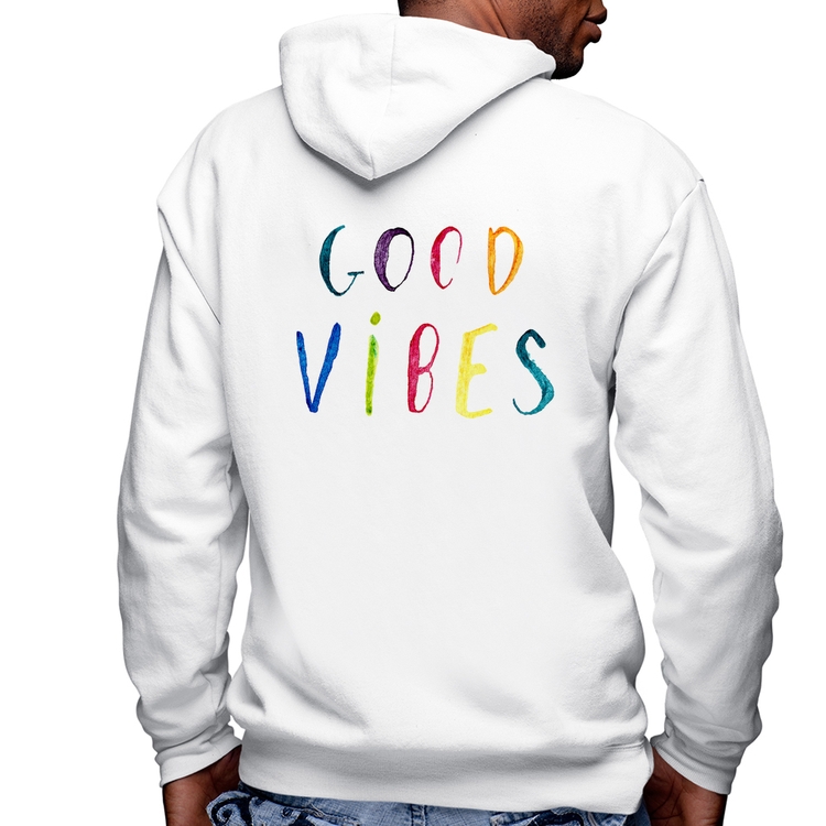 Blusa Moletom Good Vibes Cores Masculina com Capuz e Zíper - Branca