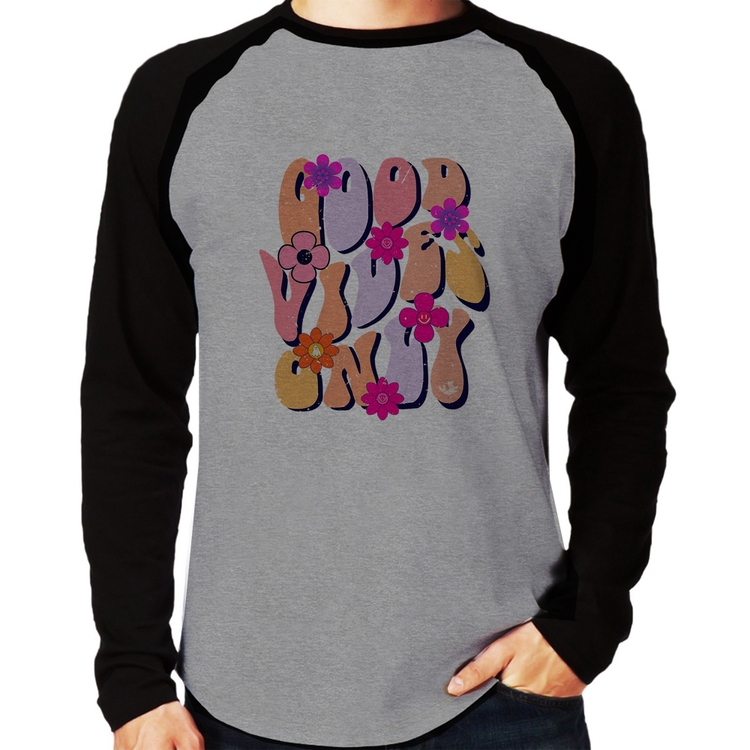 Camiseta Raglan Good Vibes Only Manga Longa - Cinza/Preto