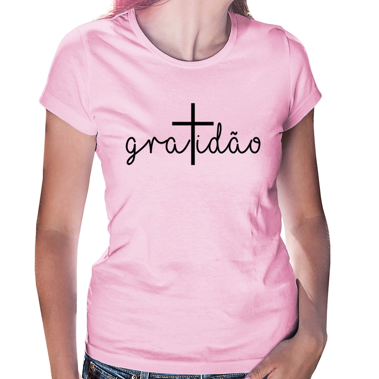 Baby Look Gratidão Cruz - Rosa Bebê