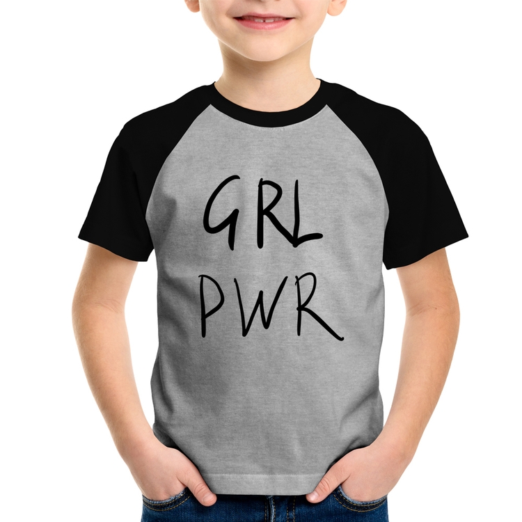 Camiseta Raglan Infantil GRL PWR - Cinza/Preto