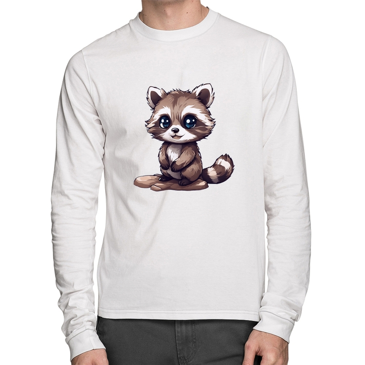 Camiseta Algodão Guaxinim Fofinho Manga Longa - Branca