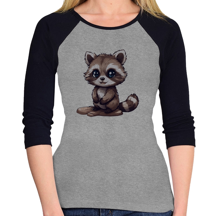 Baby Look Raglan Guaxinim Fofinho Manga 3/4 - Cinza/Preto