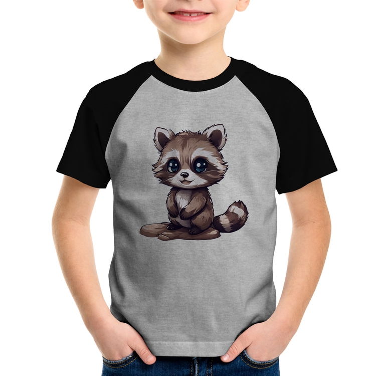 Camiseta Raglan Infantil Guaxinim Fofinho - Cinza/Preto
