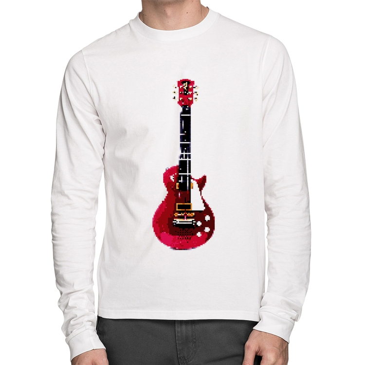 Camiseta Algodão Guitar Píxel Manga Longa - Branca