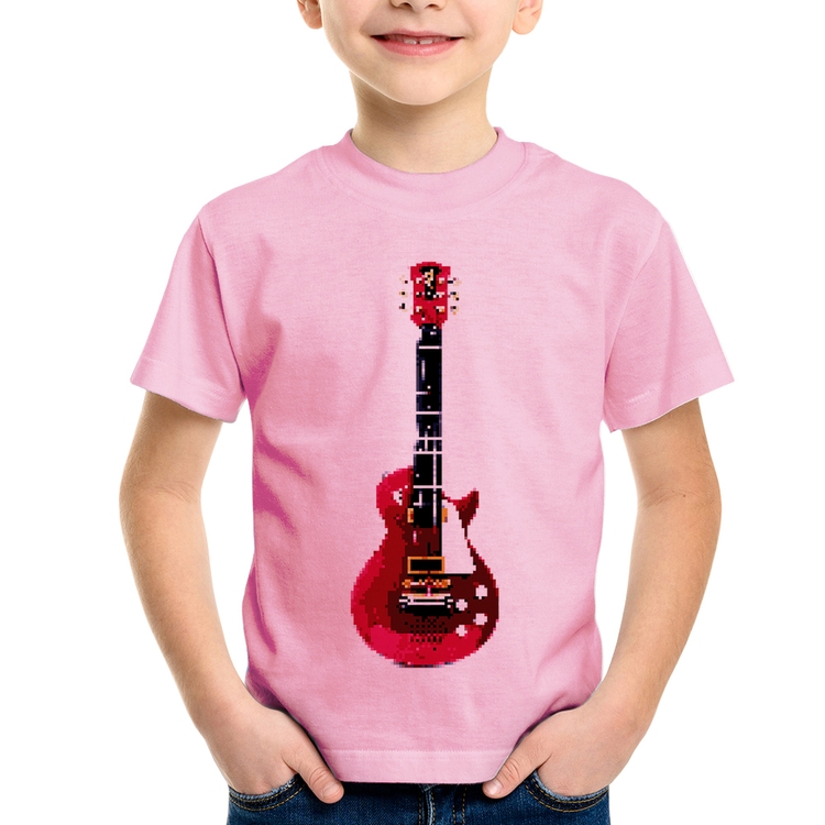Camiseta Infantil Guitar Píxel - Rosa Bebê