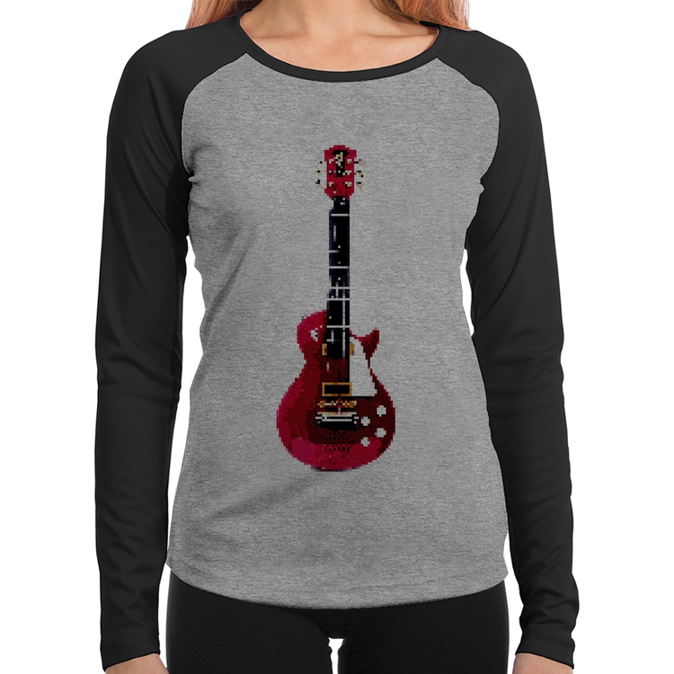 Baby Look Raglan Guitar Píxel Manga Longa - Cinza/Preto