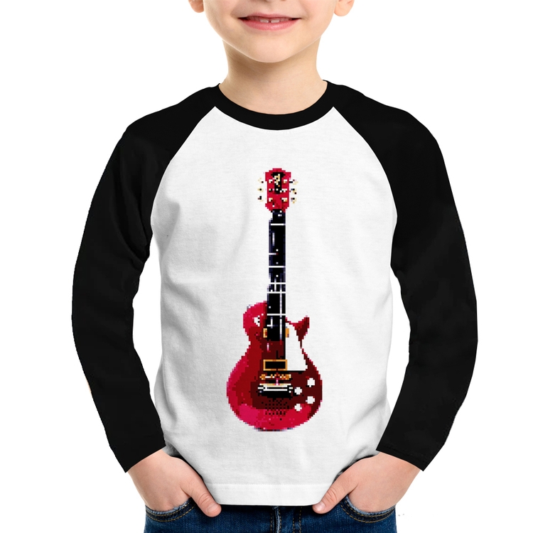 Camiseta Raglan Infantil Guitar Píxel Manga Longa