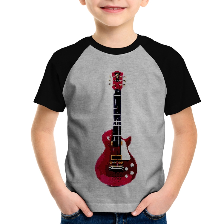 Camiseta Raglan Infantil Guitar Píxel - Cinza/Preto