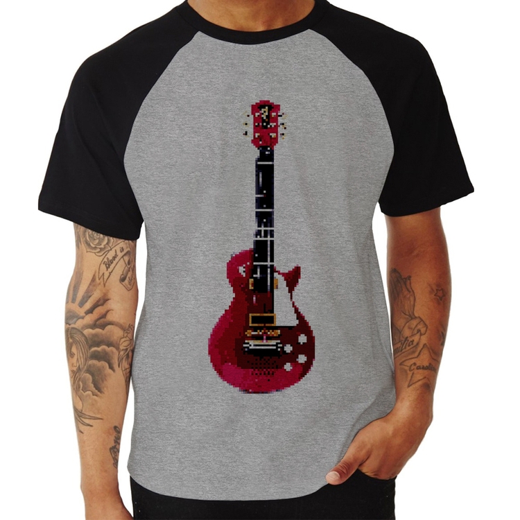 Camiseta Raglan Guitar Píxel - Cinza/Preto