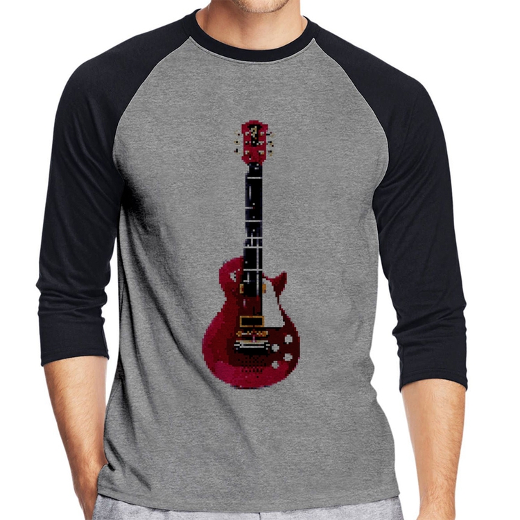 Camiseta Raglan Guitar Píxel Manga 3/4 - Cinza/Preto