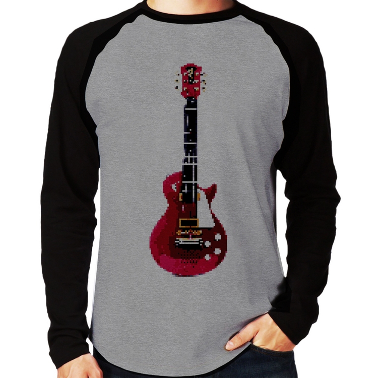 Camiseta Raglan Guitar Píxel Manga Longa - Cinza/Preto