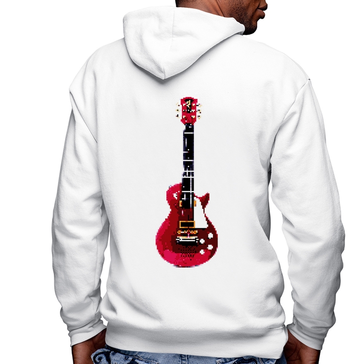 Blusa Moletom Guitar Píxel Masculina com Capuz e Zíper - Branca