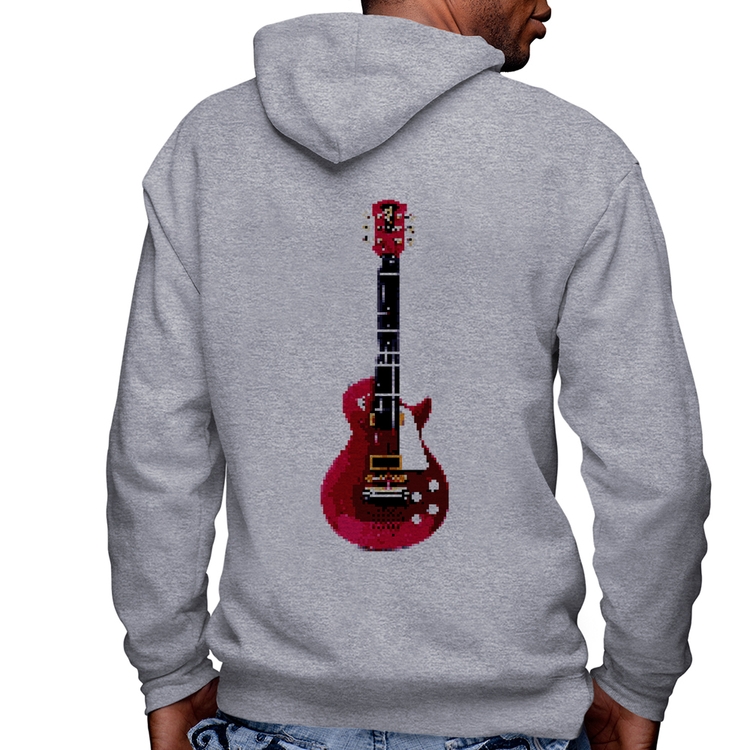 Blusa Moletom Guitar Píxel Masculina com Capuz e Zíper - Mescla