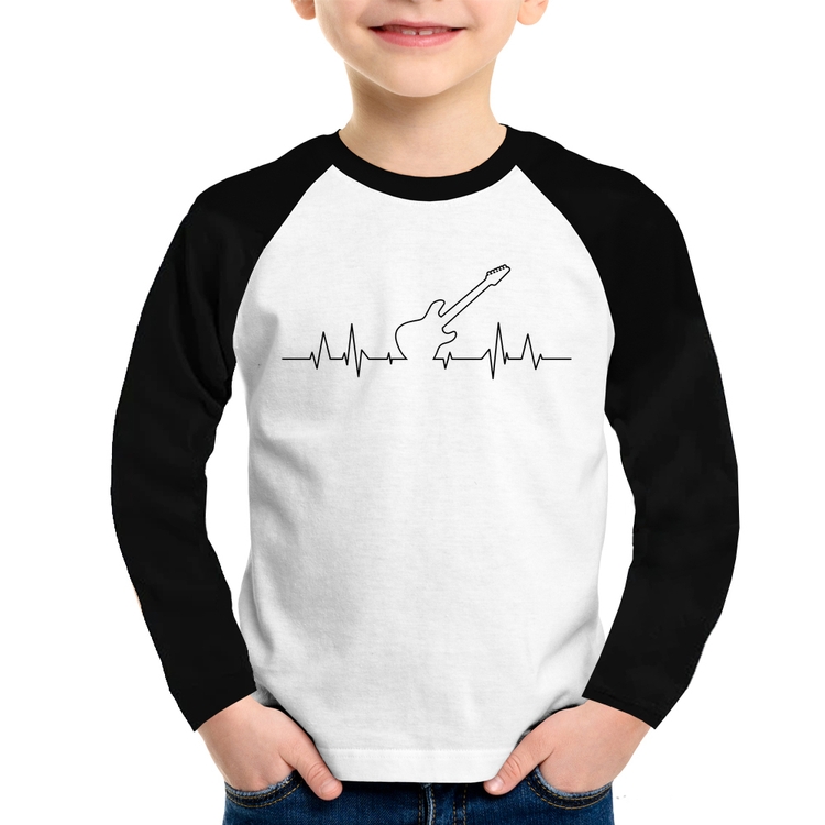 Camiseta Raglan Infantil Guitarra Batimentos Cardíacos Manga Longa