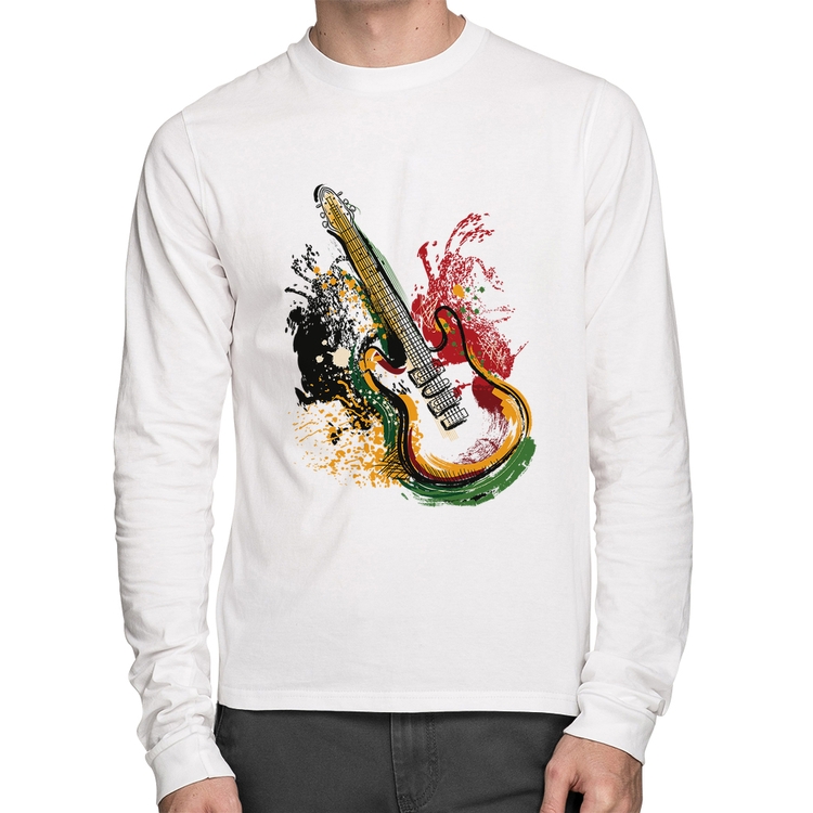 Camiseta Algodão Guitarra Reggae Manga Longa - Branca