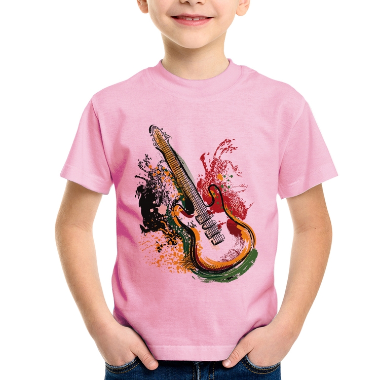 Camiseta Infantil Guitarra Reggae - Rosa Bebê