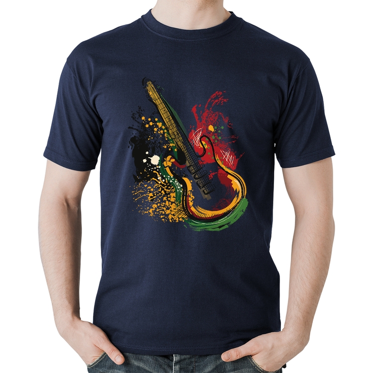 Camiseta Algodão Guitarra Reggae - Marinho