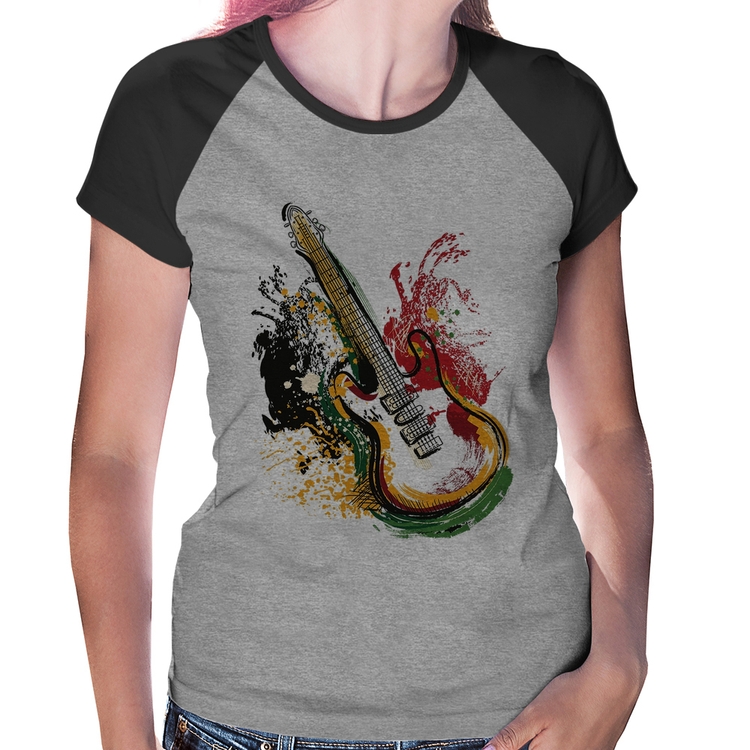 Baby Look Raglan Guitarra Reggae - Cinza/Preto